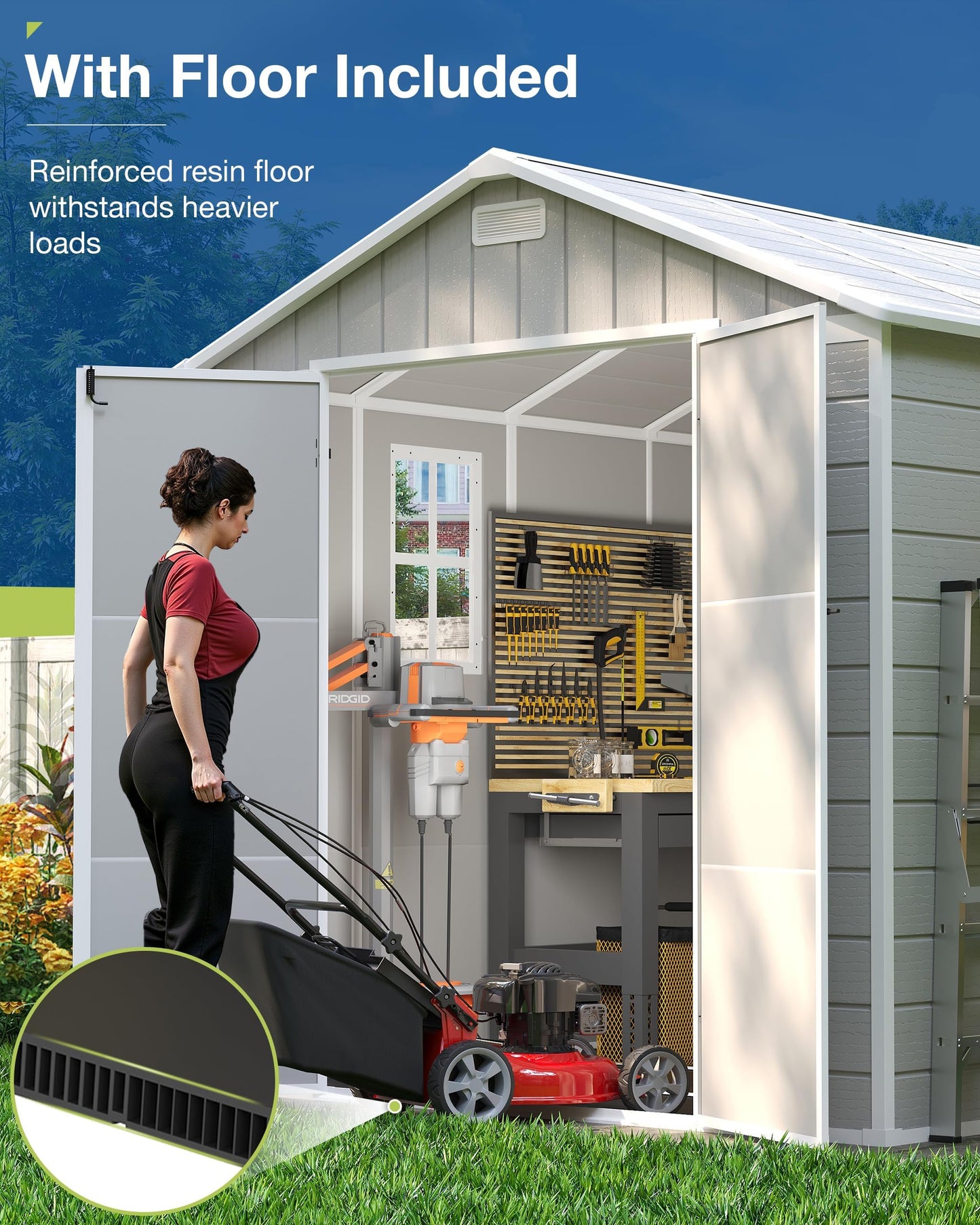 Amopatio 8x6 FT Storage Shed, Resin Outdoor Shed with Floor Included, Plastic Sheds for Bike, Garden Tools, Sheds & Outdoor Storage with Lockable Door, Window & Vents, Sandstone