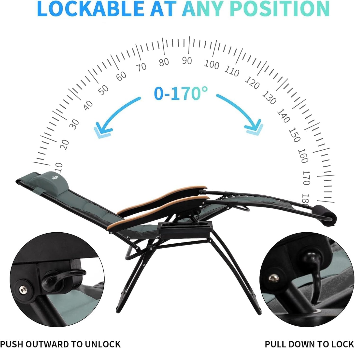 Amopatio Oversized Zero Gravity Chair Set of 2 with Cup Holder, Folding Padded Reclining Lounge Chair with Footrest & Headrest for Indoor and Outdoor, Support 400LBS, Grey