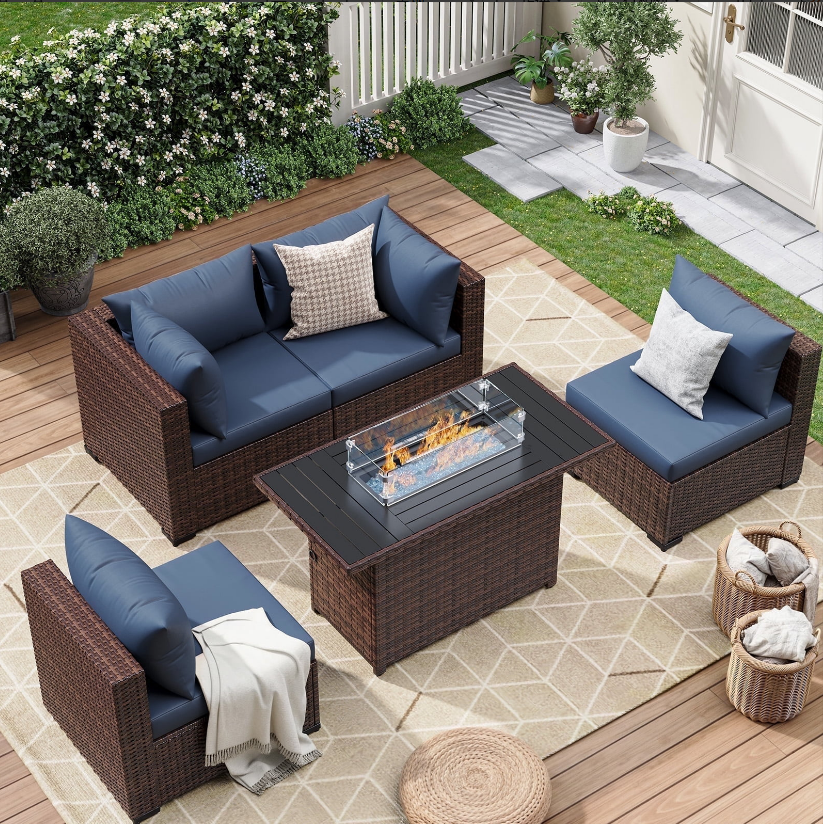 ELPOSUN 5 Pieces Patio Furniture Set All Weather Outdoor Sectional Sofa, Outdoor Modern Sectional Furniture Wicker Couch with Fire Pit Table, Thicken Navy Blue Cushions, Water Resistant