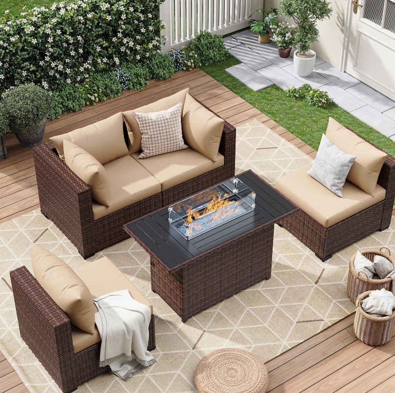 ELPOSUN 5 Pieces Patio Furniture Set All Weather Outdoor Sectional Sofa, Outdoor Modern Sectional Furniture Wicker Couch with Fire Pit Table, Thicken Beige Cushions, Water Resistant
