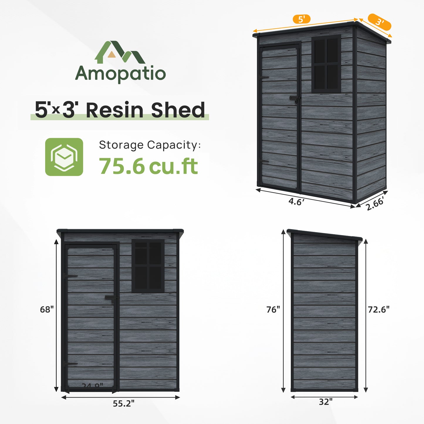 Amopatio Outdoor Storage Shed with Floor,5x3 FT Lockable Plastic Tool Shed with Ventilation,Waterproof Resin Garden Sheds for Backyard,Patio,Lawn and Bike Dark Grey