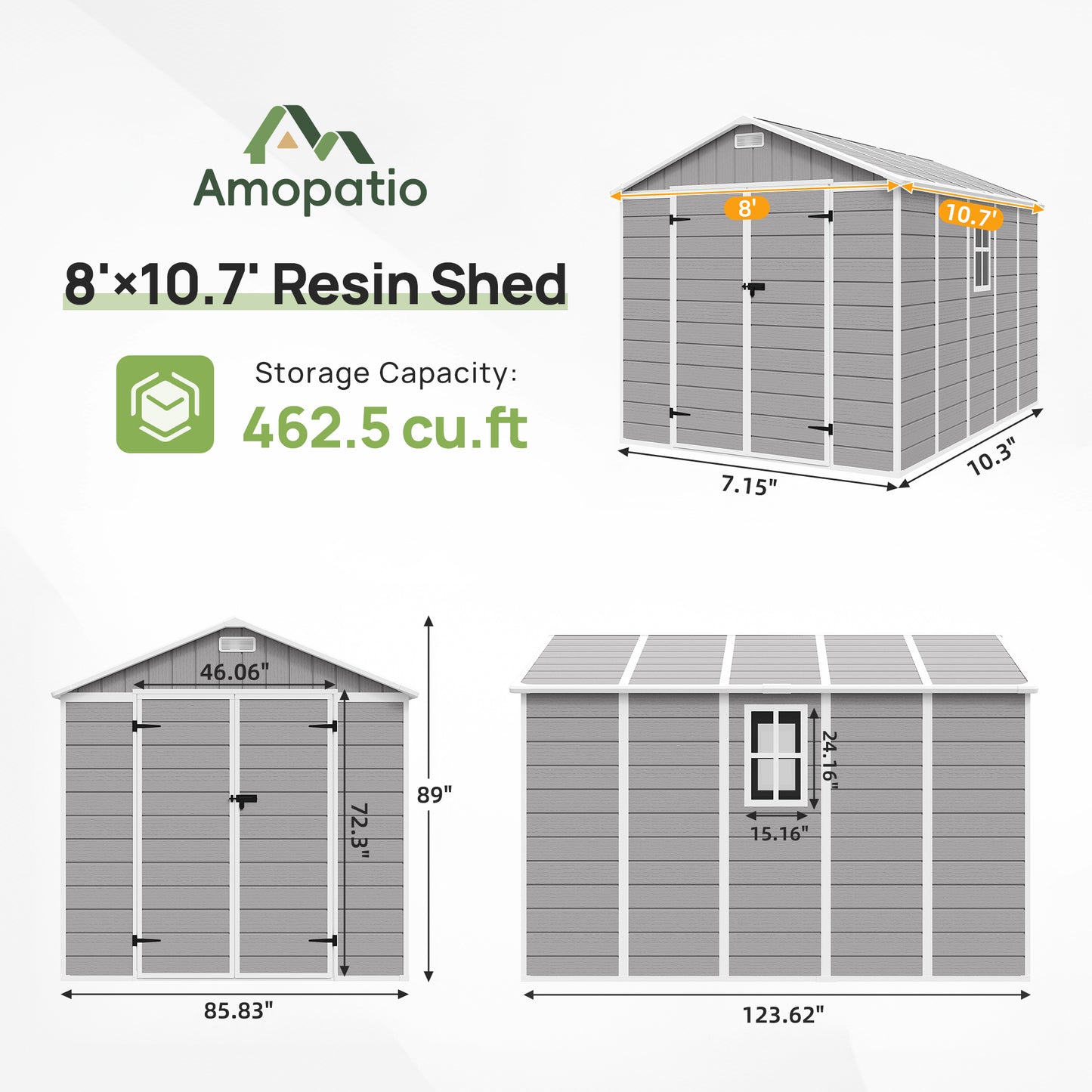 Amopatio Outdoor Storage Shed with Floor,8x10 FT Lockable Plastic Tool Shed with Ventilation,Waterproof Resin Garden Sheds for Backyard,Patio,Lawn and Bike Grey
