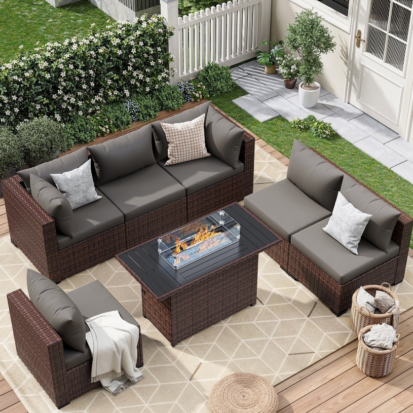ELPOSUN 7 Pieces Patio Furniture Set All Weather Outdoor Sectional Sofa, Outdoor Modern Sectional Furniture Wicker Couch with Fire Pit Table, Thicken Gray Cushions, Water Resistant
