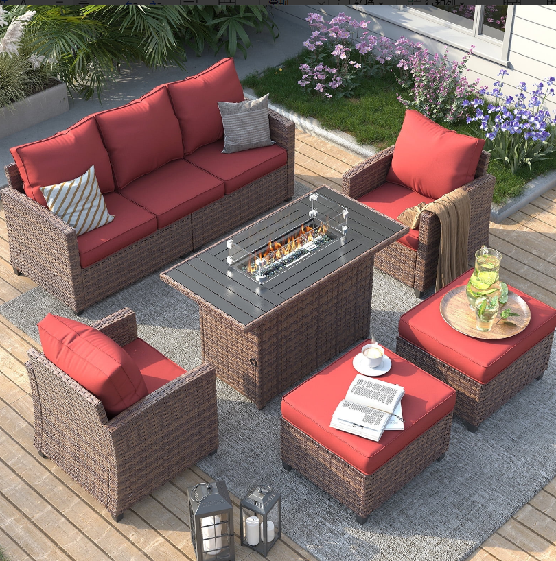 ELPOSUN Patio Furniture Sets with Fire Pit Table, 6 Pieces Outdoor Patio Sofa Set with Fire Pit Table, Wicker Rattan Outdoor Conversation Set with Ottoman for Poolside, Backyard,Brown Rattan Wine Red