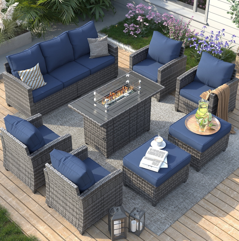 ELPOSUN 7 Pieces Outdoor Patio Furniture Set with Fire Pit Table, Outdoor Wicker Sectional Patio Conversation Set with Ottoman for Garden, Poolside, Backyard, Navy Blue Cushion