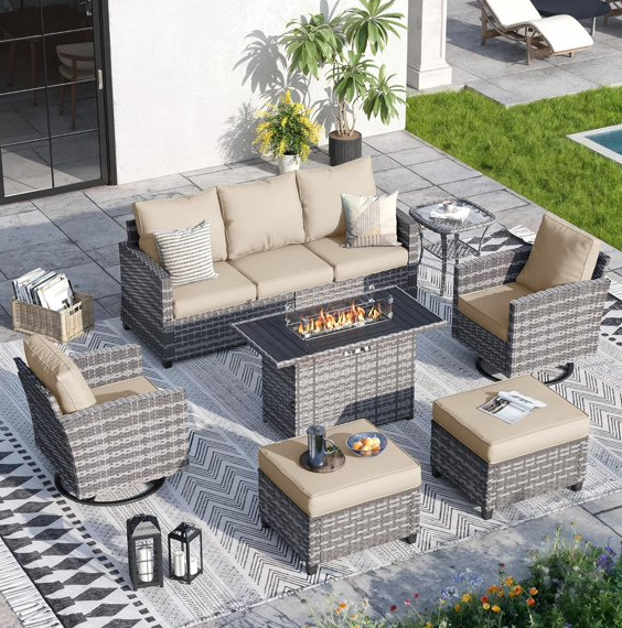 ELPOSUN Patio Furniture Set, 7 Pieces Outdoor Patio Sectional Sofa Set, All-Weather Wicker Rattan Outdoor Conversation Set with Fire Pit Table & Swivel Chairs for Poolside, Backyard, Khaki