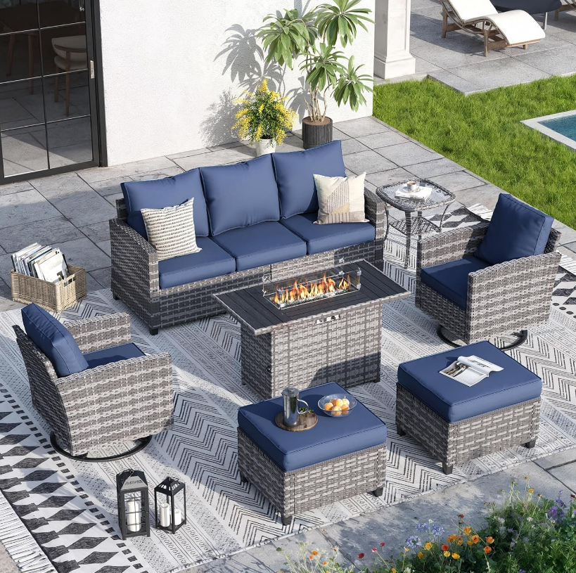 ELPOSUN Patio Furniture Set, 7 Pieces Outdoor Patio Sectional Sofa Set, All-Weather Wicker Rattan Outdoor Conversation Set with Fire Pit Table & Swivel Chairs for Poolside, Backyard, Navy Blue