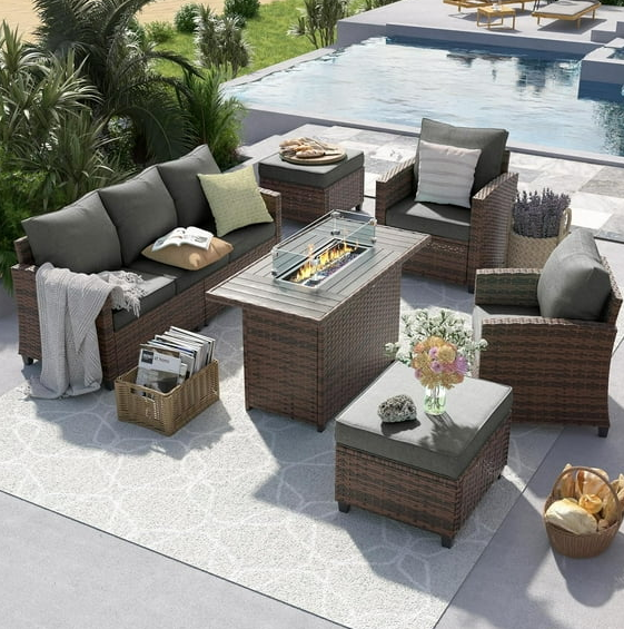 ELPOSUN Patio Furniture Set, 7 Pieces Outdoor Patio Sectional Sofa Set, All-Weather Wicker Rattan Outdoor Conversation Set with Fire Pit Table & Swivel Chairs for Poolside, Backyard,Grey