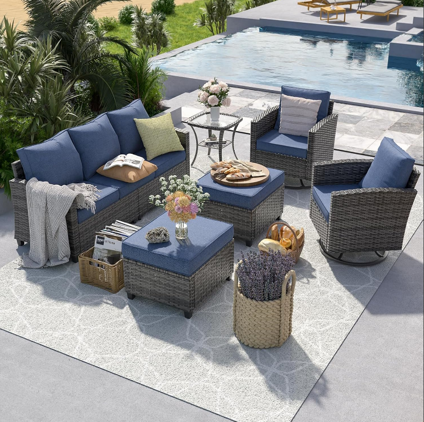 ELPOSUN Patio Furniture Set, 6 Pieces Outdoor Patio Sectional Sofa Set, All-Weather Wicker Rattan Outdoor Conversation Set with Swivel Chairs for Poolside, Backyard, Gray Wicker Navy Blue Cushions