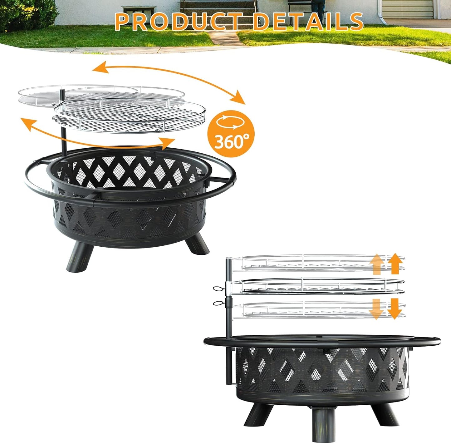 Amopatio Outdoor Fire Pit with Mat & Cover, 30 Inch Large Wood Burning Fire Pits, Patio Backyard Firepit with Steel BBQ Grill Cooking Grate, Spark Screen & Poker for Garden, Bonfire, Camping, Picnic