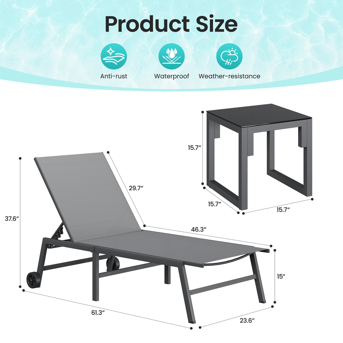 3 Piece Patio Lounge Chairs Set, 2 Pool Chaise Lounges with Wheels & Side Table, 5-Position Adjustable Lounge Furniture with Heavy-Duty Steel Frame for Backyard Poolside,400 LBS Capacity, Gray