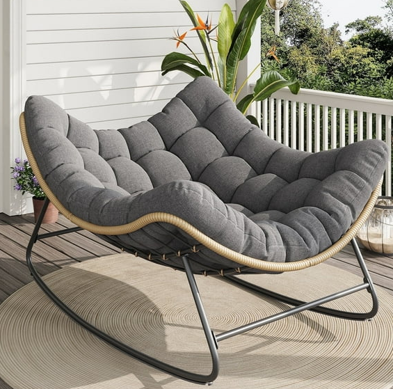 ELPOSUN Papasan Rocking Chair,Oversized Rattan Papasan Rocking Chair with Thick Cushion, Rattan Wicker Rocker Lounge Chair for Bedroom, Living Room, Patio, Garden, Porch, Dark Gray