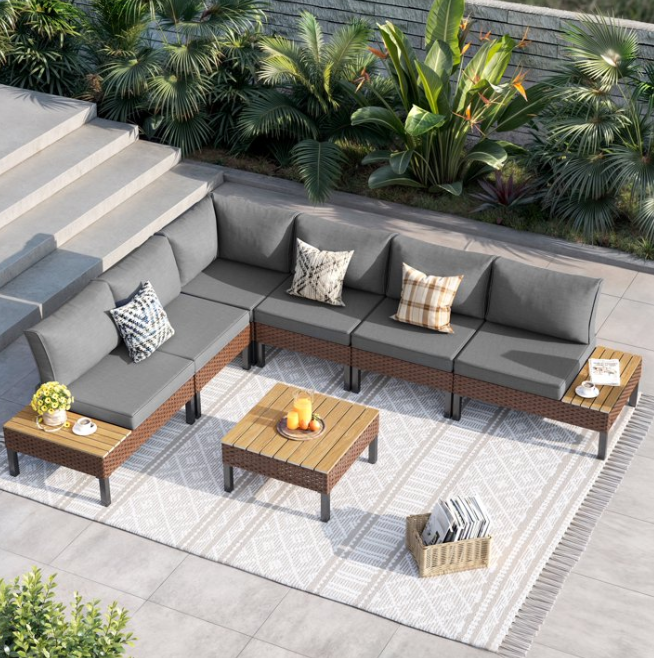 ELPOSUN 7-Piece Modular Outdoor Sofa Set - Water-resistant Patio Sectional with Side Tables (Grey)