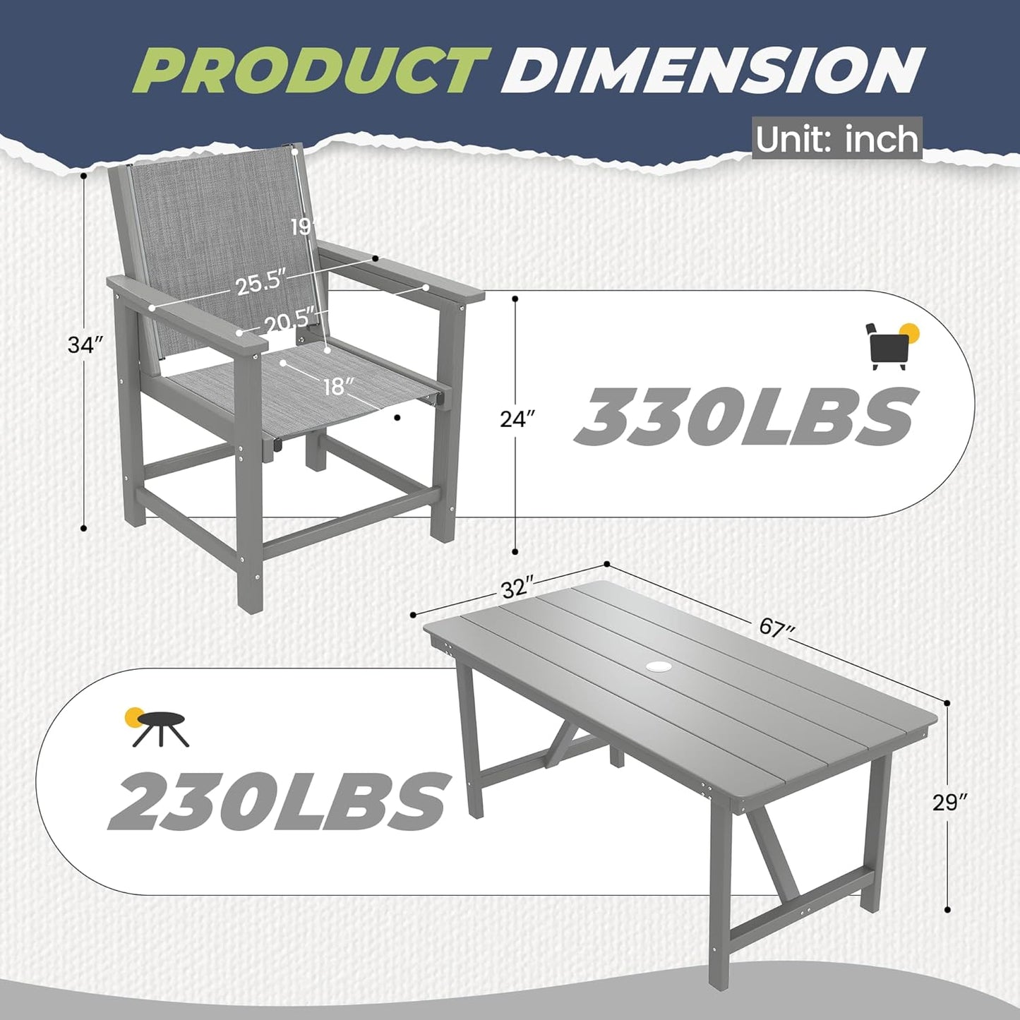 7 Piece HDPE Patio Dining Set, All-Weather Outdoor Table and Chair Sets with Umbrella Hole Outdoor Dining Table Sets of 6 Textilene Fabric Patio Chairs for Backyard, Poolside, Garden, Deck(Gray)