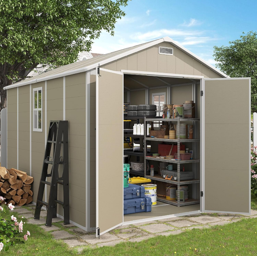 ELPOSUN Storage Shed 8 x 10 FT, Resin Outdoor Garden Sheds with Floor Plastic Patio Outdoor Storage with Lockable Door for Tool, Bike,Light Brown