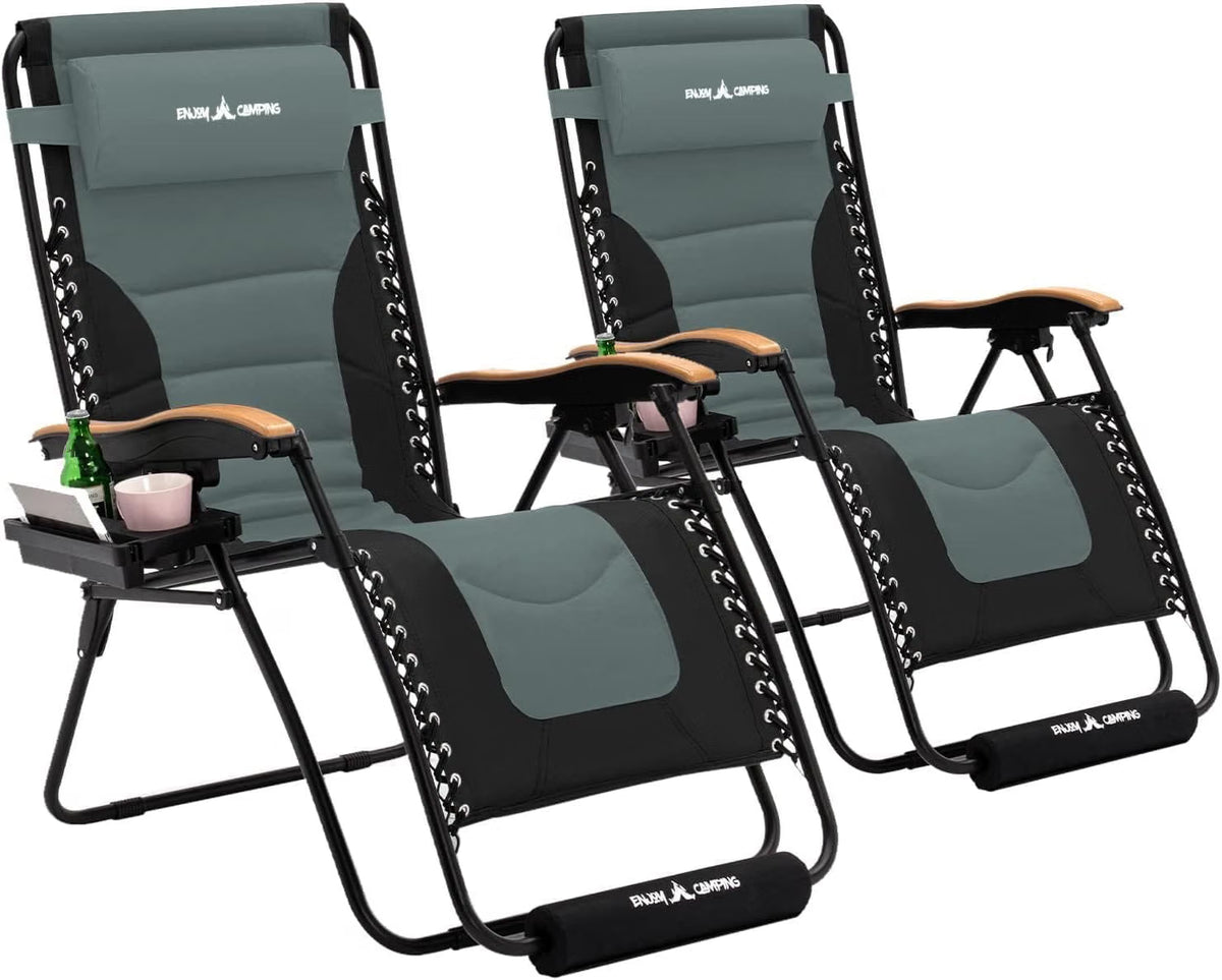 Oversized Zero Gravity Chair Set of 2 with Cup Holder, Folding Padded Reclining Lounge Chair with Footrest & Headrest for Indoor and Outdoor, Support 400LBS, Grey
