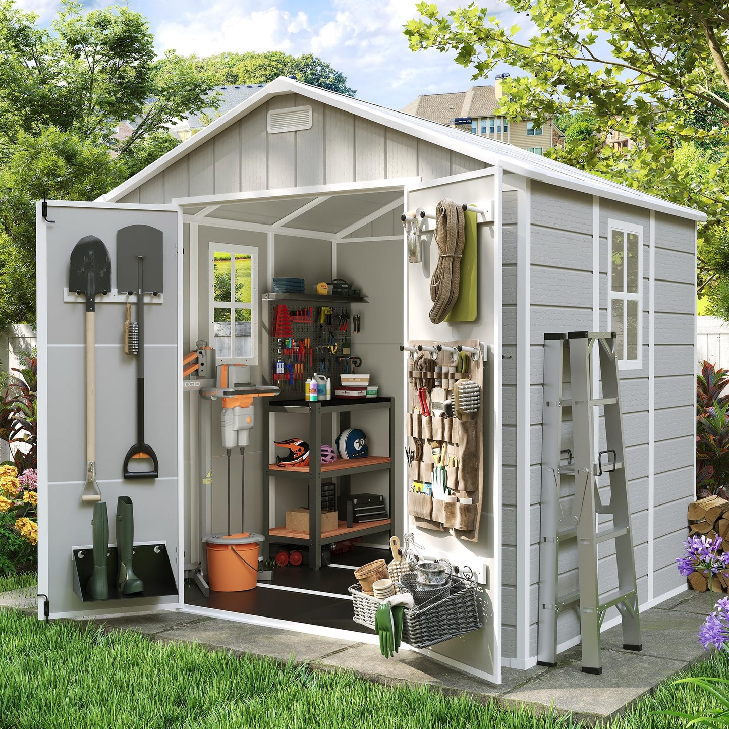Amopatio 8x6 Storage Shed, Resin Outdoor Shed with Floor Included, Sheds & Outdoor Storage with Lockable Door, Window & Vents, Sandstone