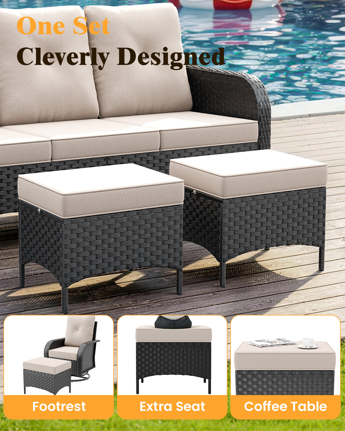 Amopatio 7 Pieces Outdoor Patio Furniture Set with Fire Pit Table, Wicker Swivel Rocker Chairs Sets