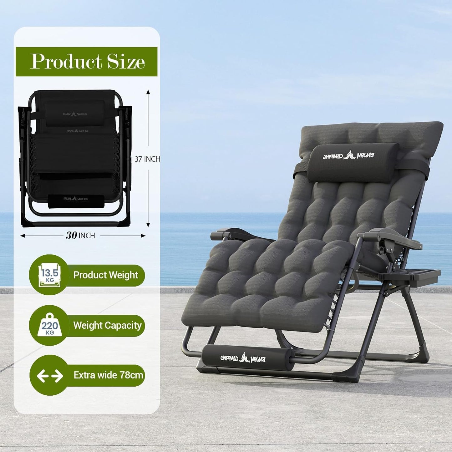 Amopatio Oversized Zero Gravity Chair with Cushion for Indoor & Outdoor, XXL 33Inch Patio Folding Reclining Lounge Chair with Tray/Footrest/Headrest