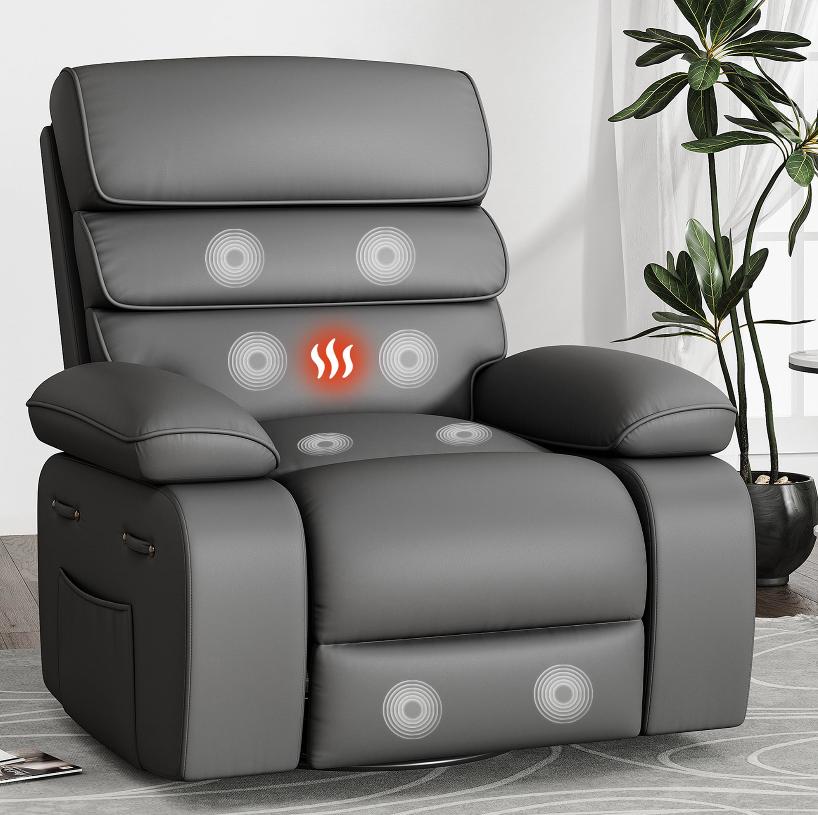Gelloan 360°Swivel Rocker Recliner Chairs with Massage, Heat for Adults,Leather Fabric Oversized Sofa Chair,Dark Gary