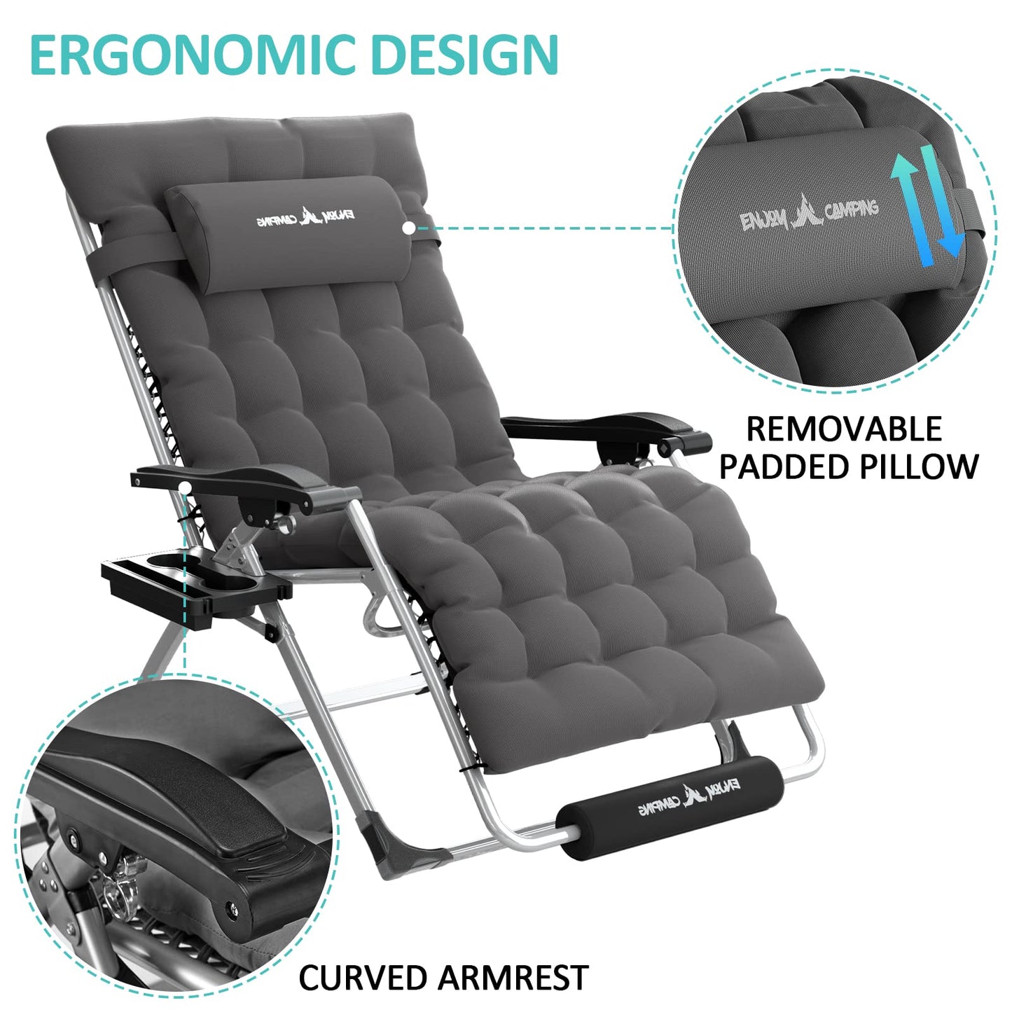 Amopatio Oversized Zero Gravity Chair with Cushion for Indoor & Outdoor, XXL 33Inch Patio Folding Reclining Lounge Chair with Tray/Footrest/Headrest