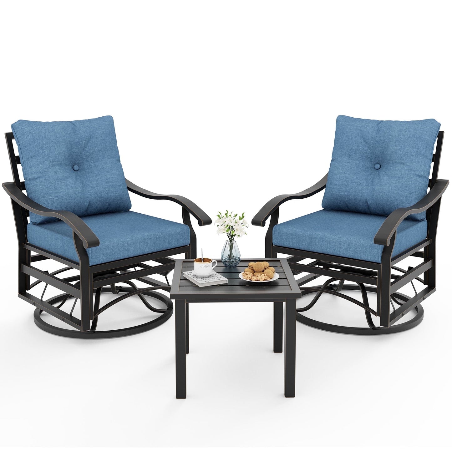 ELPOSUN 3-Piece Outdoor Patio Conversation Set - Metal Swivel Rocking Chairs (2) with Navy Cushions & Coffee Table - Garden, Porch, Backyard Furniture
