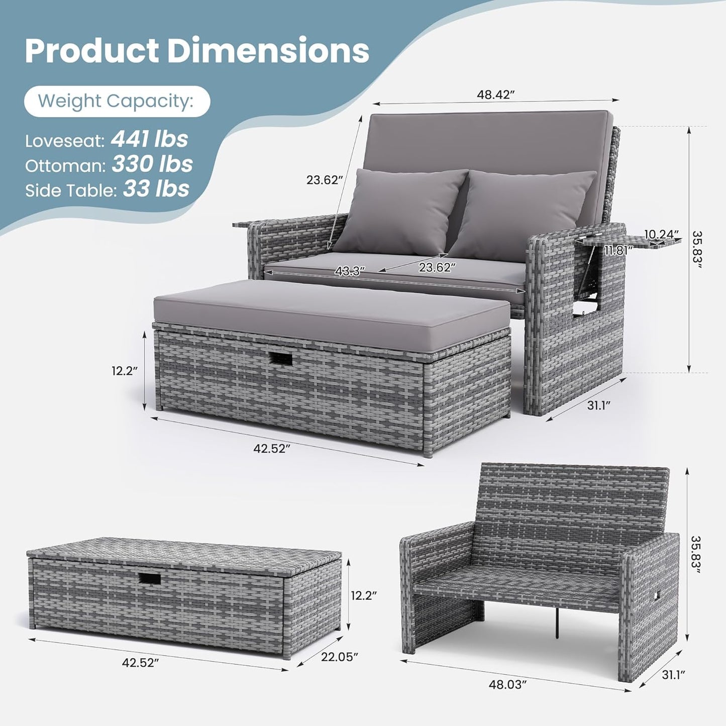 Amopatio Wicker Outdoor Daybed - Outdoor Loveseat with Storage Ottoman,4-Level Adjustable Backrest & Cushions, Patio Loveseat for Yard, Balcony, Porch, Garden, Poolside(Grey)