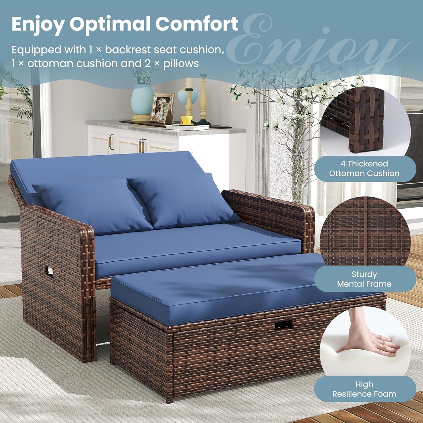 Amopatio Wicker Outdoor Daybed - Outdoor Loveseat with Storage Ottoman,4-Level Adjustable Backrest & Cushions, Patio Loveseat for Yard, Balcony, Porch, Garden, Poolside(Navy)