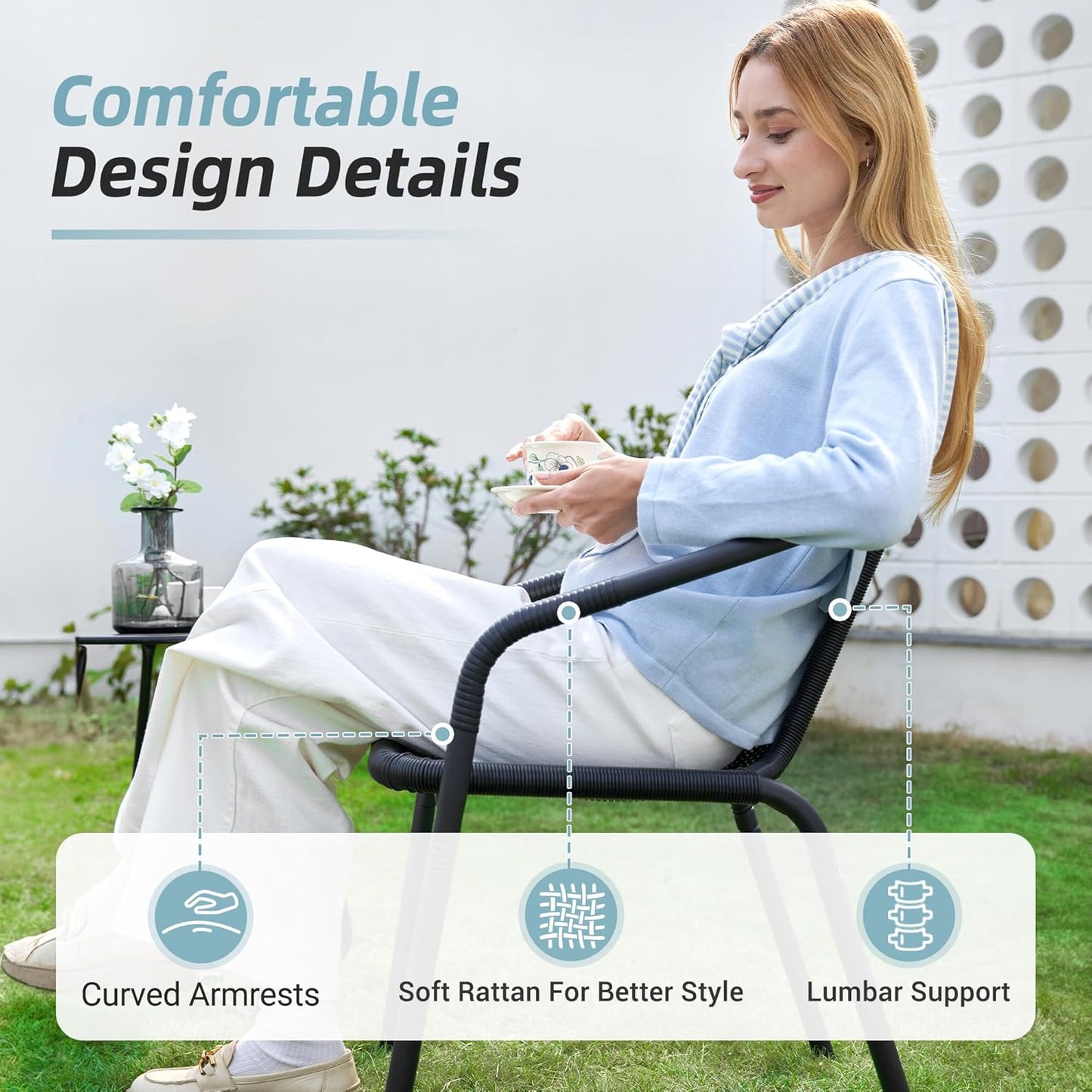 Amopatio Outdoor Dining Chairs Set of 6, Rattan Patio Chairs Wicker, Stackable Indoor-Outdoor Chairs, Bistro, Deck, Yard, Porch, Restaurant Stack Chairs-Black