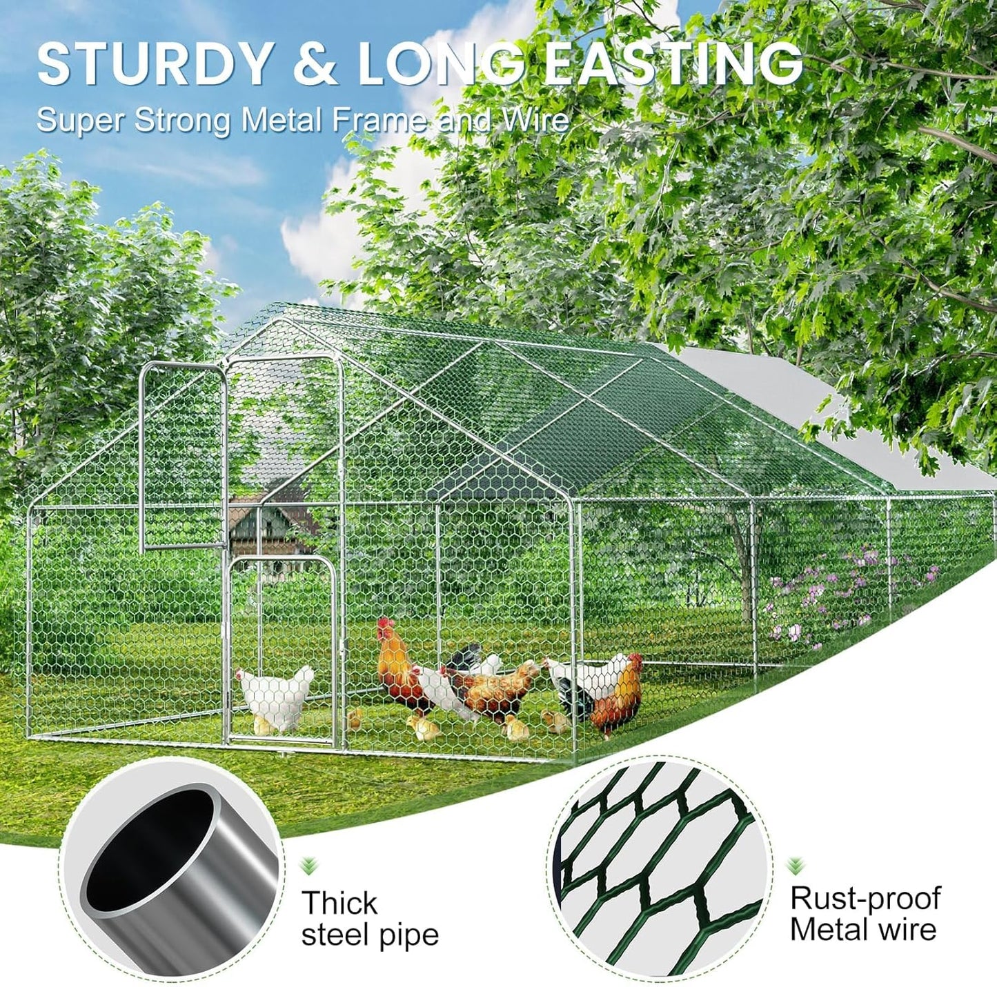 Amopatio Large Metal Chicken Coop Heavy Duty Walk-in Chicken Run Poultry Cage with Wire Mesh & Weatherproof PE Cover, Chicken Pen for 20-30 Chickens, Duck Rabbit House Outdoor (18x10x6.5 FT)