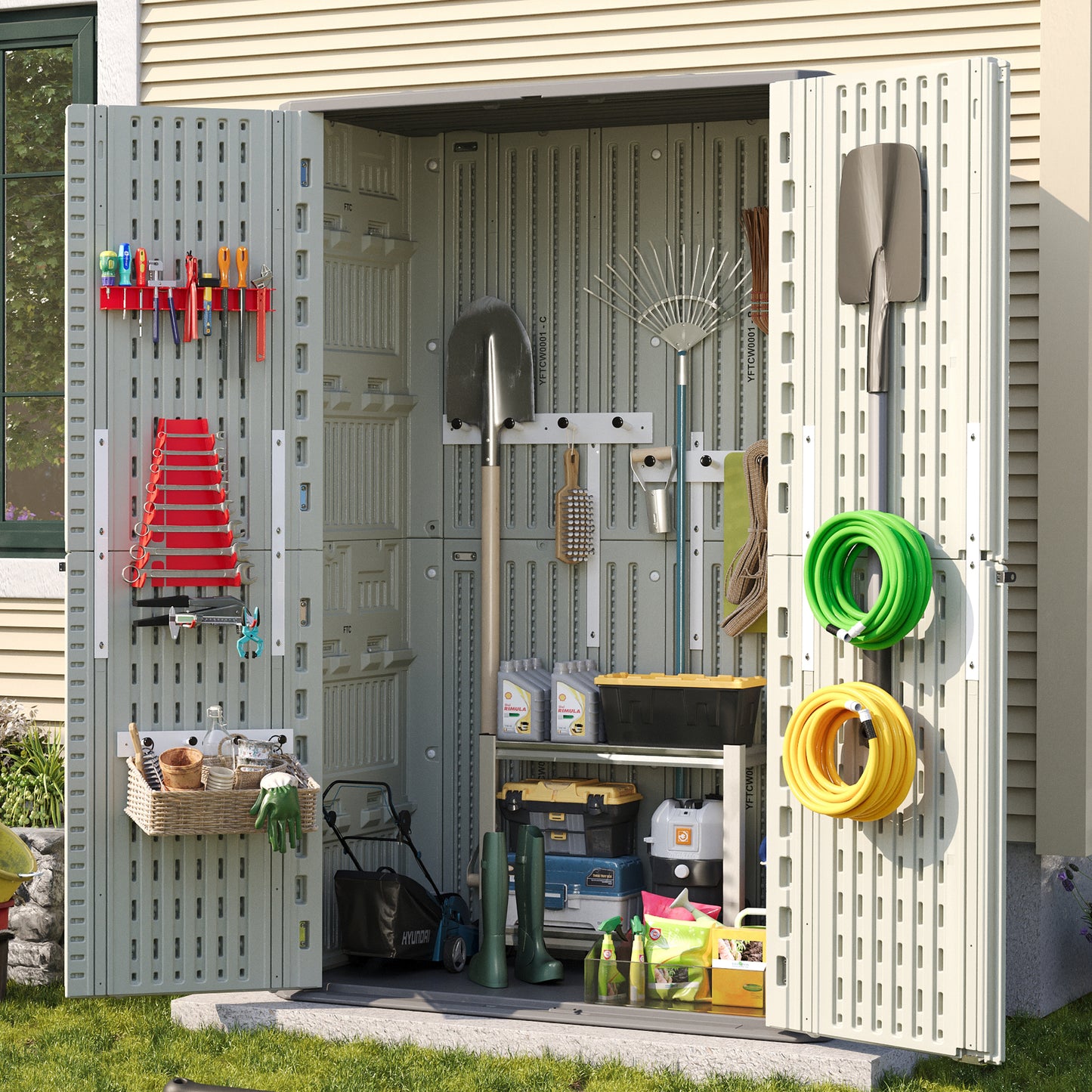 Amopatio 67 Cu Ft Premium Vertical Storage Shed, Outdoor Resin Shed with Floor, Waterproof Weather Resistance Plastic Cabinet, Lockable Doors for Patio, Garden Tools, Lawn, Grey & White