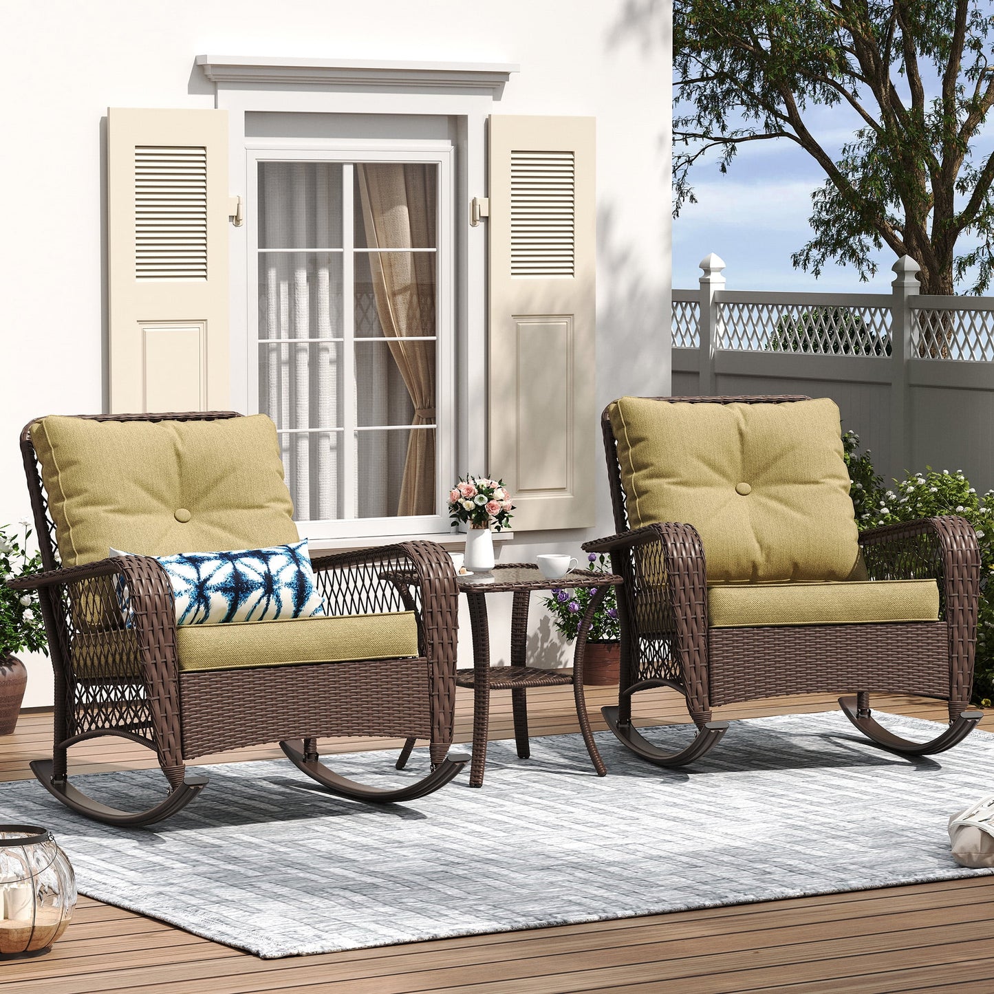 ELPOSUN 3-Piece Outdoor Rocking Chairs, Wicker Patio Furniture with Thickened Cushions and Table for Porch