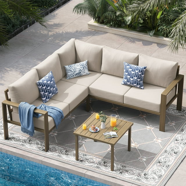 ELPOSUN 6 Pieces Patio Furniture Sets with 6" Thick Olefin Cushions, Metal Outdoor Sectional Furniture L Shape Patio Conversation Sets for Garden, Backyard Beige