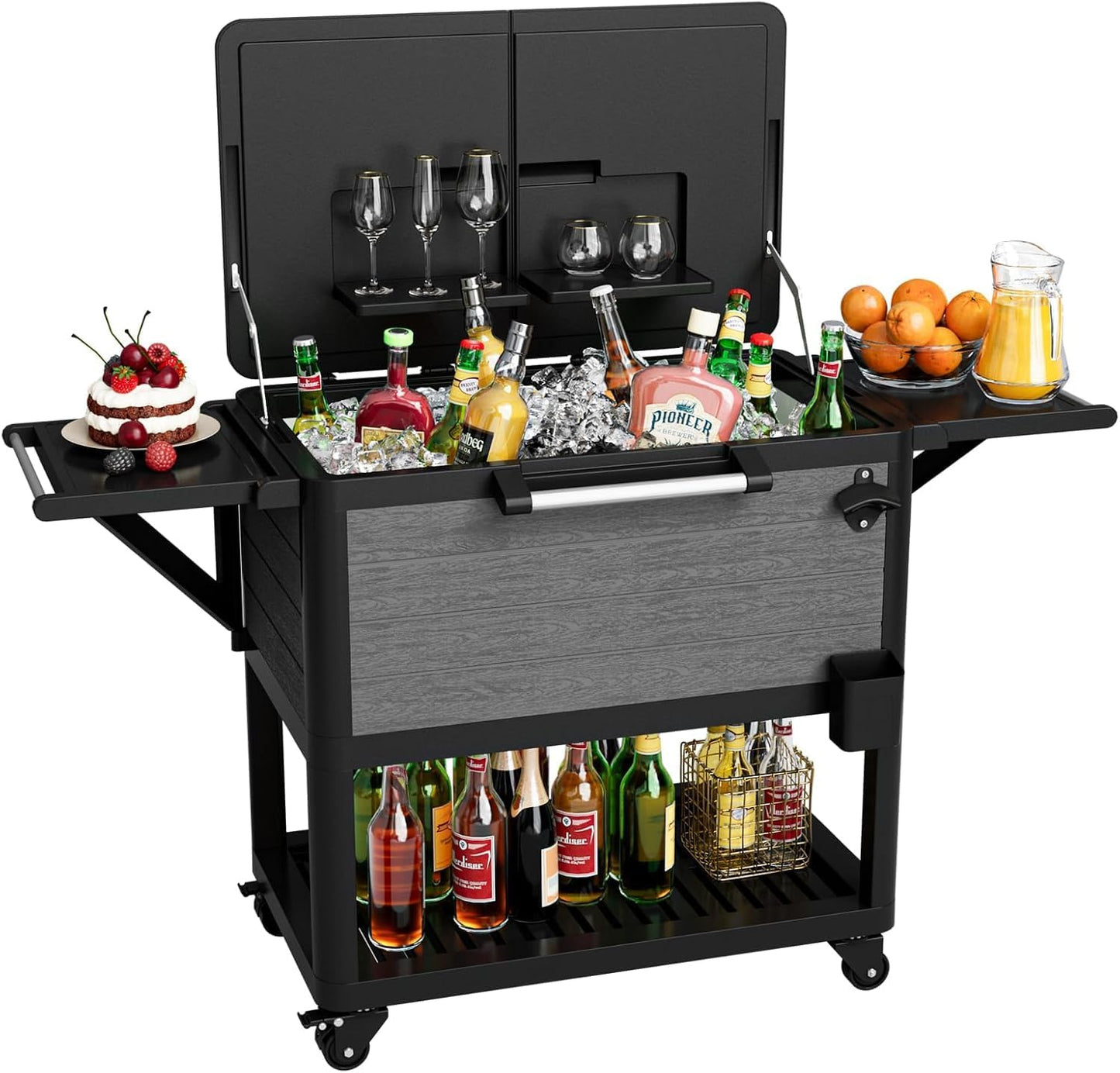 104 Quart Patio Rolling Ice Chest Large Cooler Cart with Wheels, Portable Mobile Outdoor Coolers Bar Cart with Storage Shelf & Bottle Opener for Drinks, Party, Camping, Backyard, Deck, BBQ(Black)