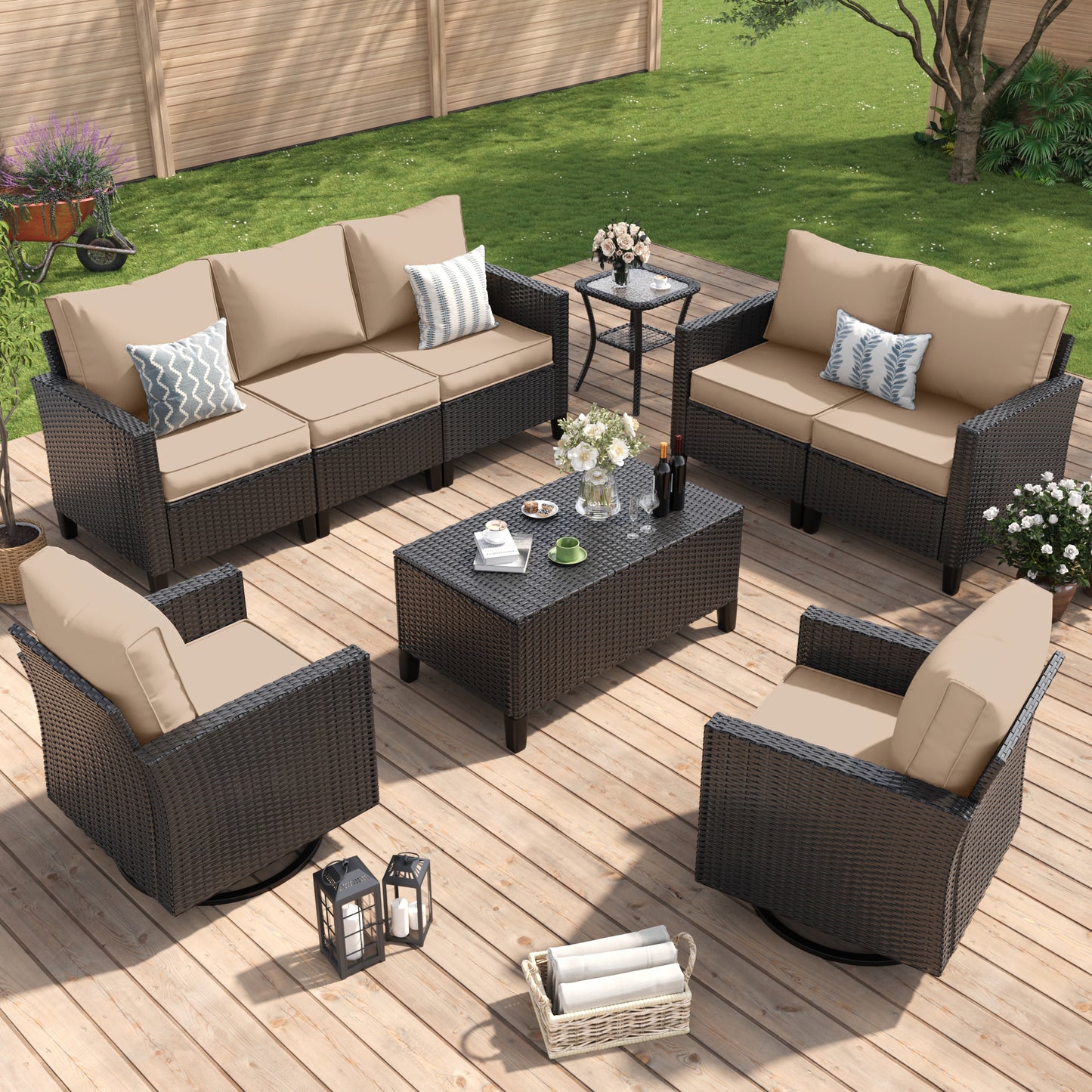 Amopatio Patio Furniture Set, 6-Piece Wicker Outdoor Sectional Sofa with Swivel Rocker Chairs, Rattan Conversation Set with Storage Coffee Table and Waterproof Cover for Backyard Black/Khak
