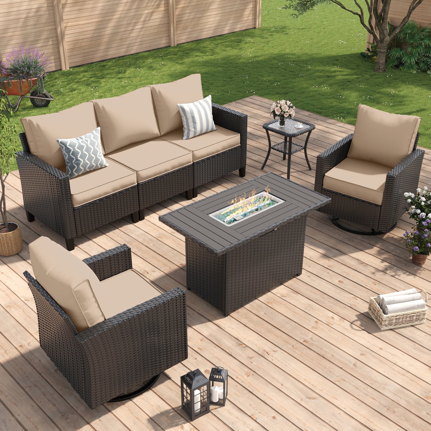 Amopatio Patio Furniture Set, 5-Piece Wicker Outdoor Sectional Sofa with Swivel Rocker Chairs, Rattan Conversation Set with Fire Pit Table and Waterproof Cover for Backyard Black/Khak