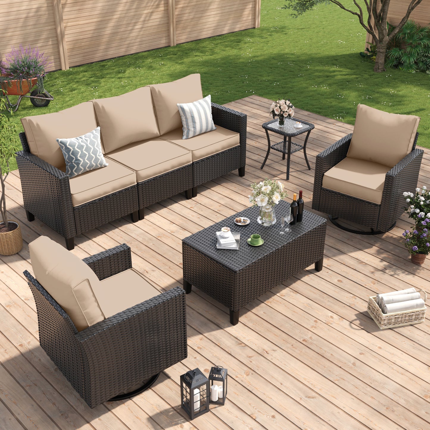 Amopatio Patio Furniture Set, 5-Piece Wicker Outdoor Sectional Sofa with Swivel Rocker Chairs, Rattan Conversation Set with Storage Coffee Table and Waterproof Cover for Backyard Black/Khak