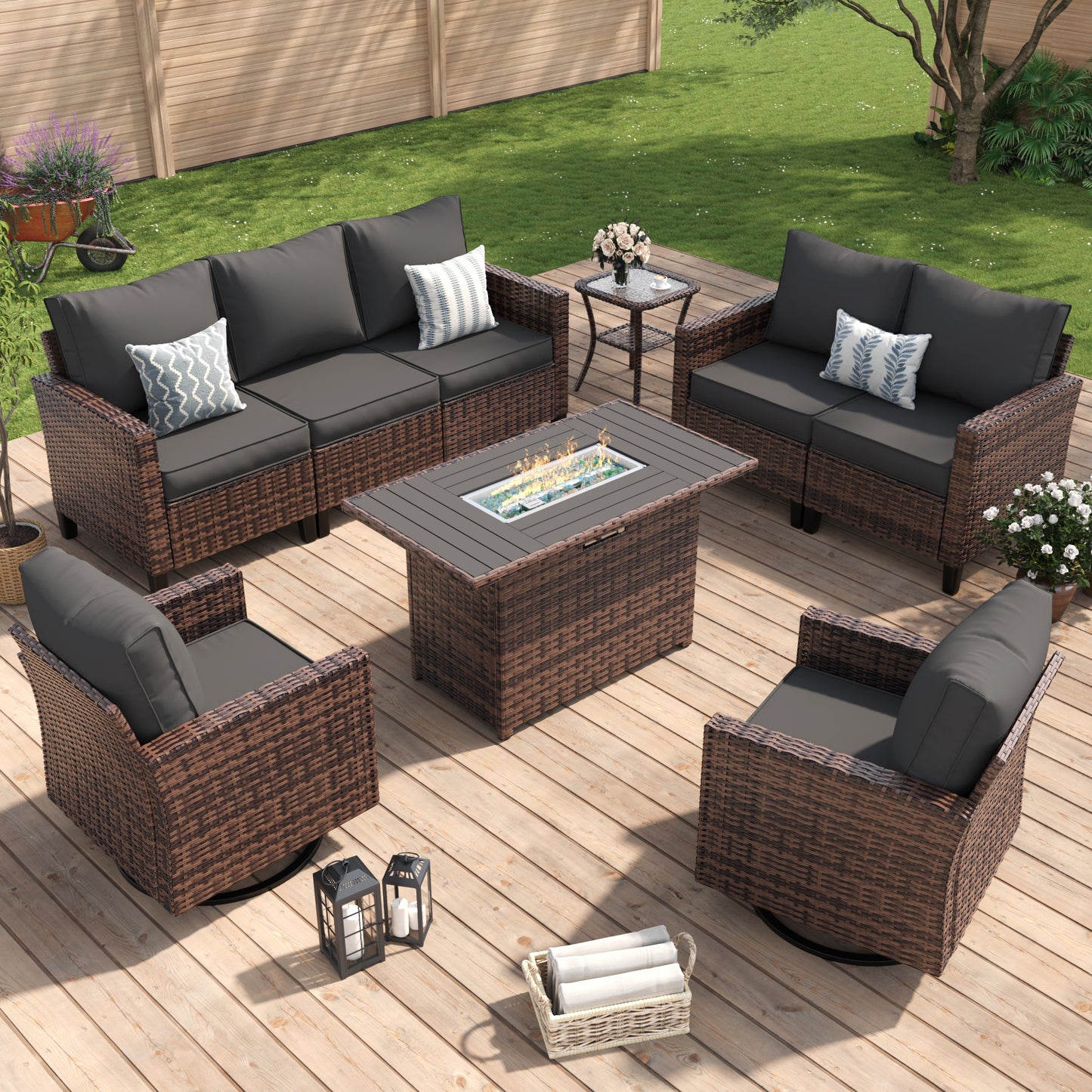Amopatio Patio Furniture Set, 6-Piece Wicker Outdoor Sectional Sofa with Swivel Rocker Chairs, All-Weather Rattan Conversation Set with Fire Pit Table and Waterproof Cover for Backyard Brown/Grey