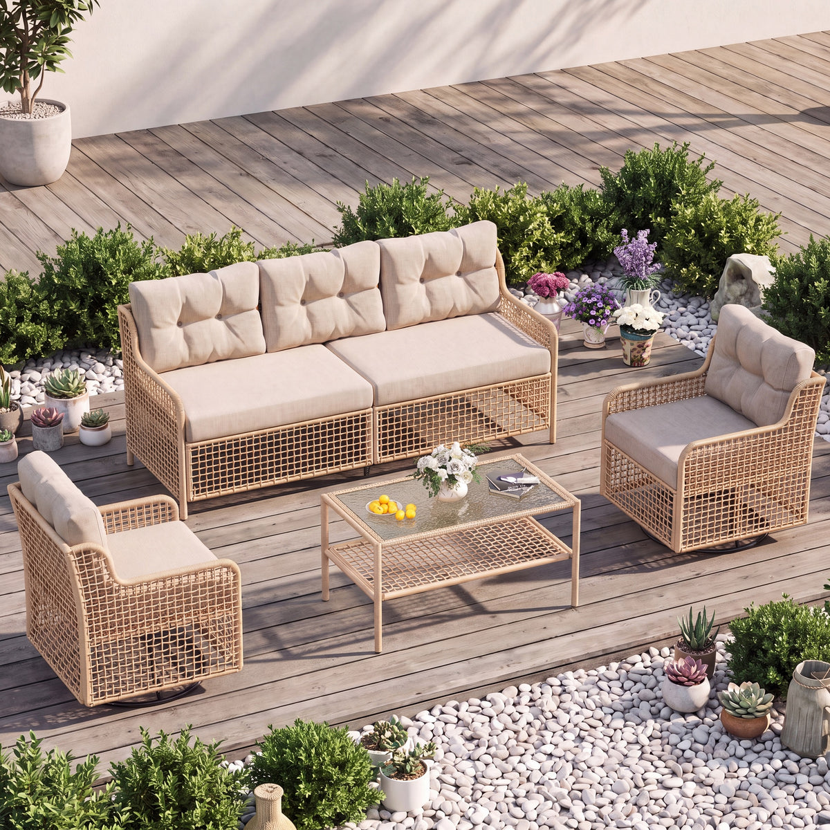 AMOPATIO Outdoor Patio Furniture Set with Swivel Chairs | 4-Piece Round Rattan Wicker Conversation Set, 4" Thick Cushions & Coffee Table, Beige