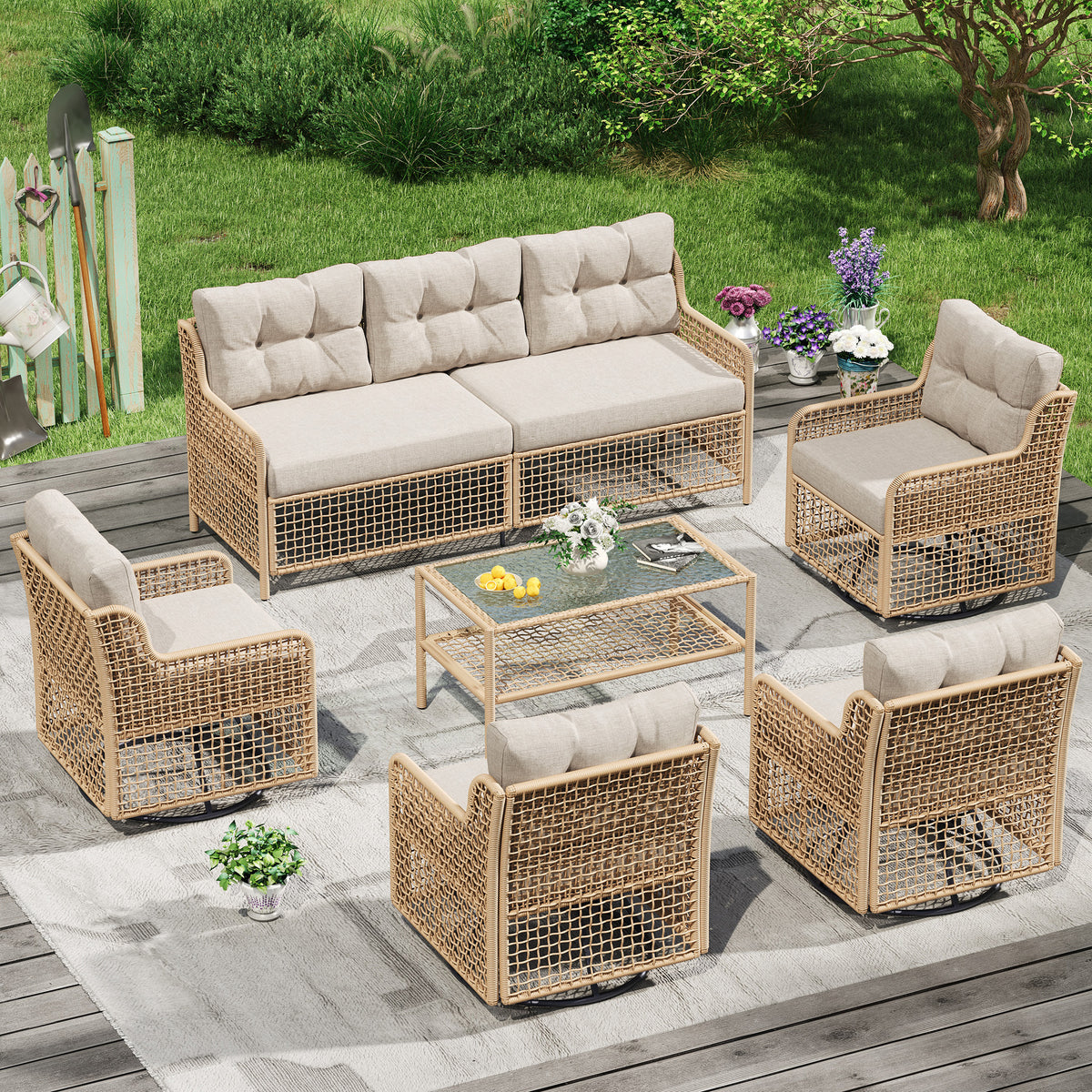 AMOPATIO Outdoor Patio Furniture Set with Swivel Chairs | 6-Piece Round Rattan Wicker Conversation Set, 4" Thick Cushions & Coffee Table, Beige