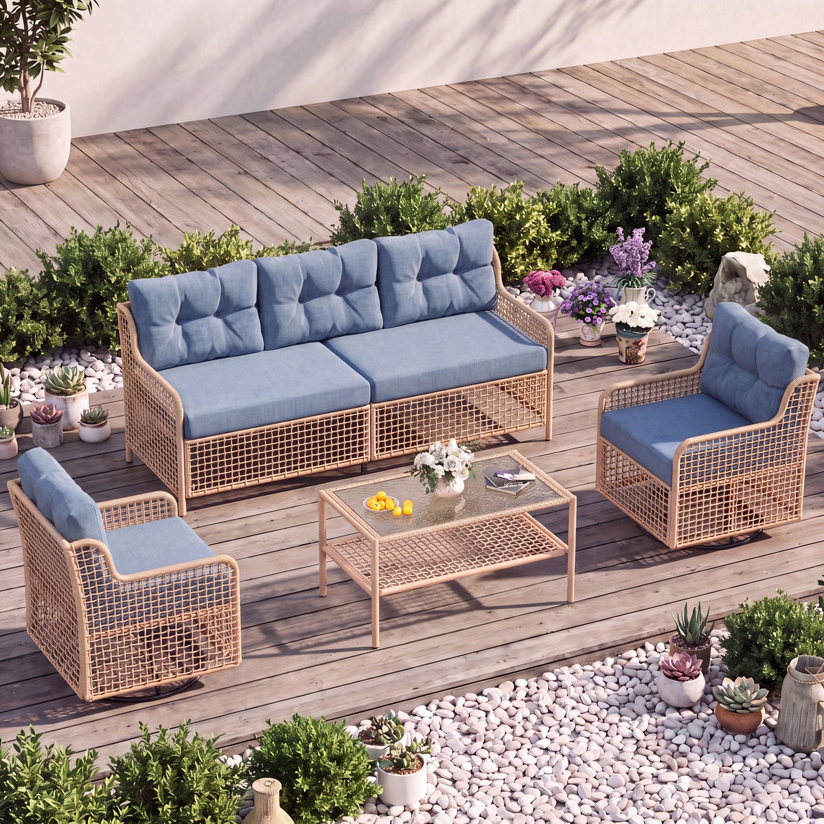 AMOPATIO Outdoor Patio Furniture Set with Swivel Chairs | 4-Piece Round Rattan Wicker Conversation Set, 4" Thick Cushions & Coffee Table, Blue