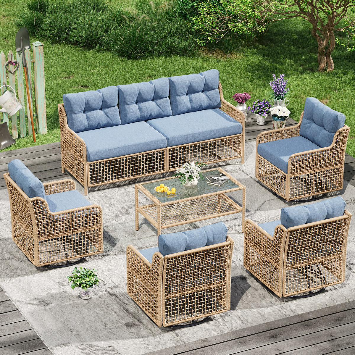 AMOPATIO Outdoor Patio Furniture Set with Swivel Chairs | 6-Piece Round Rattan Wicker Conversation Set, 4" Thick Cushions & Coffee Table, Blue