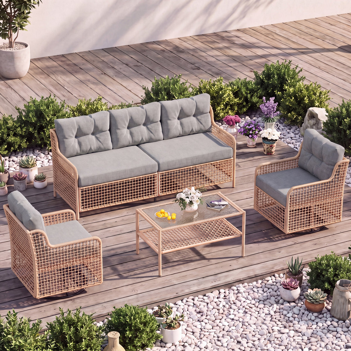 AMOPATIO Outdoor Patio Furniture Set with Swivel Chairs | 4-Piece Round Rattan Wicker Conversation Set, 4" Thick Cushions & Coffee Table, Grey