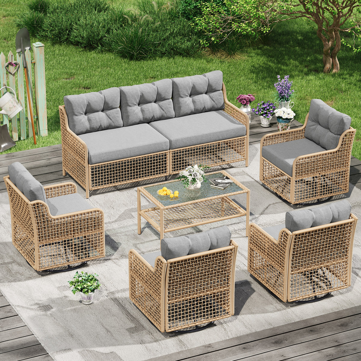 AMOPATIO Outdoor Patio Furniture Set with Swivel Chairs | 6-Piece Round Rattan Wicker Conversation Set, 4" Thick Cushions & Coffee Table, Grey