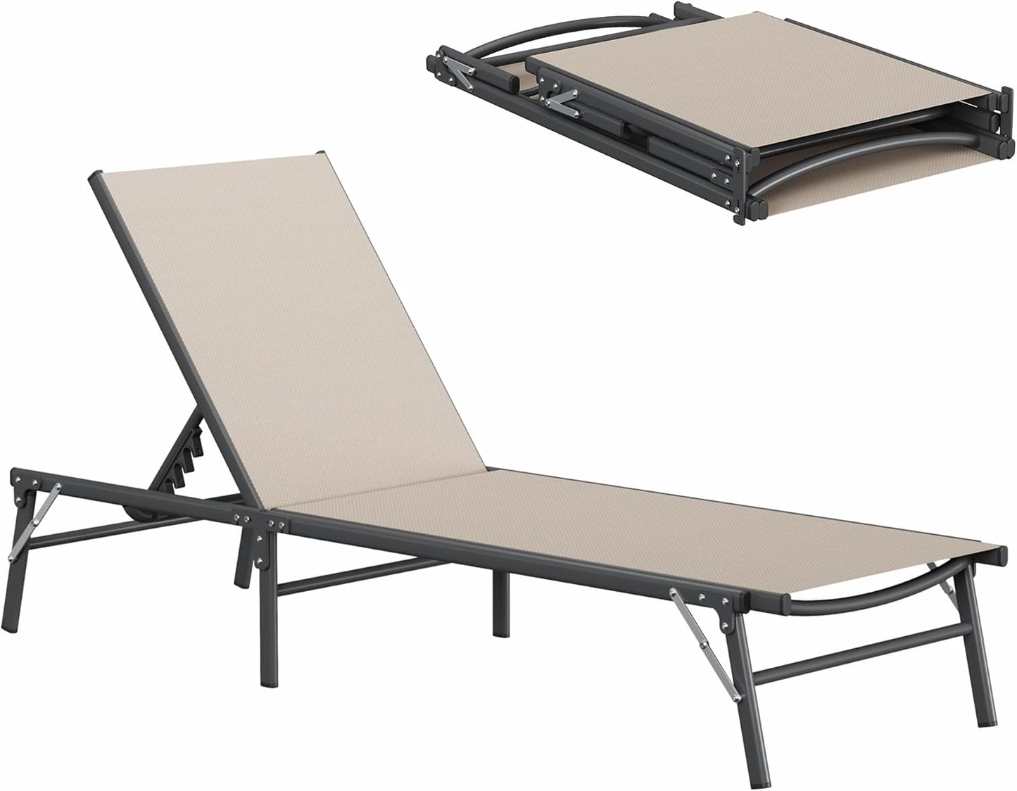 Amopatio Foldable Patio Lounge Chair, Portable Pool Chaise Lounges, Heavy Duty Iron Frame, Breathable Textilene,Weather Resistant, 5-Position Adjustable Backrest, 400 LBS Capacity,Khaki