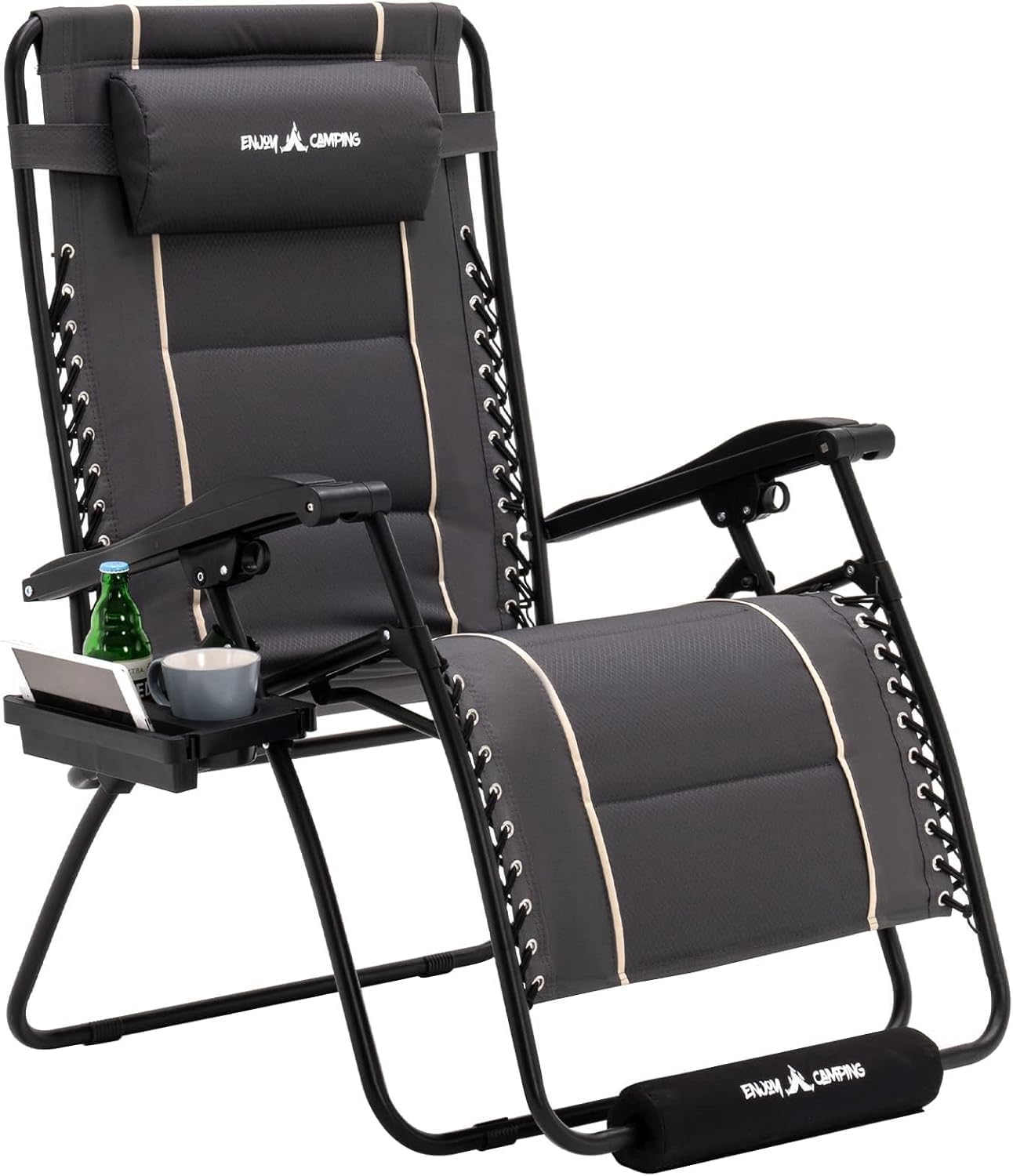 Zero Oversized Padded Gravity Chairs with Cup Holder, 33" Wide Folding Reclining Lounge Chair with Footrest & Headrest for Indoor Outdoor Camping, Support 500LBS