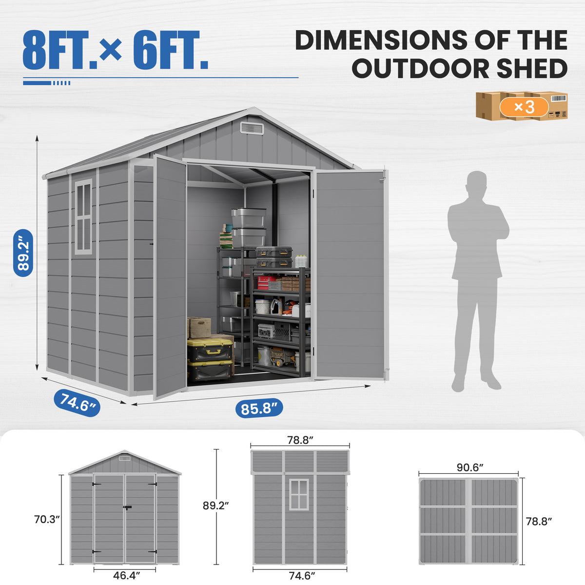 Amopatio 8x6 FT Resin Shed with Floor Included, Outdoor Storage Shed, Plastic Sheds for Bike, Garden Tools, Sheds & Outdoor Storage with Lockable Door, Window & Vents, Grey & White