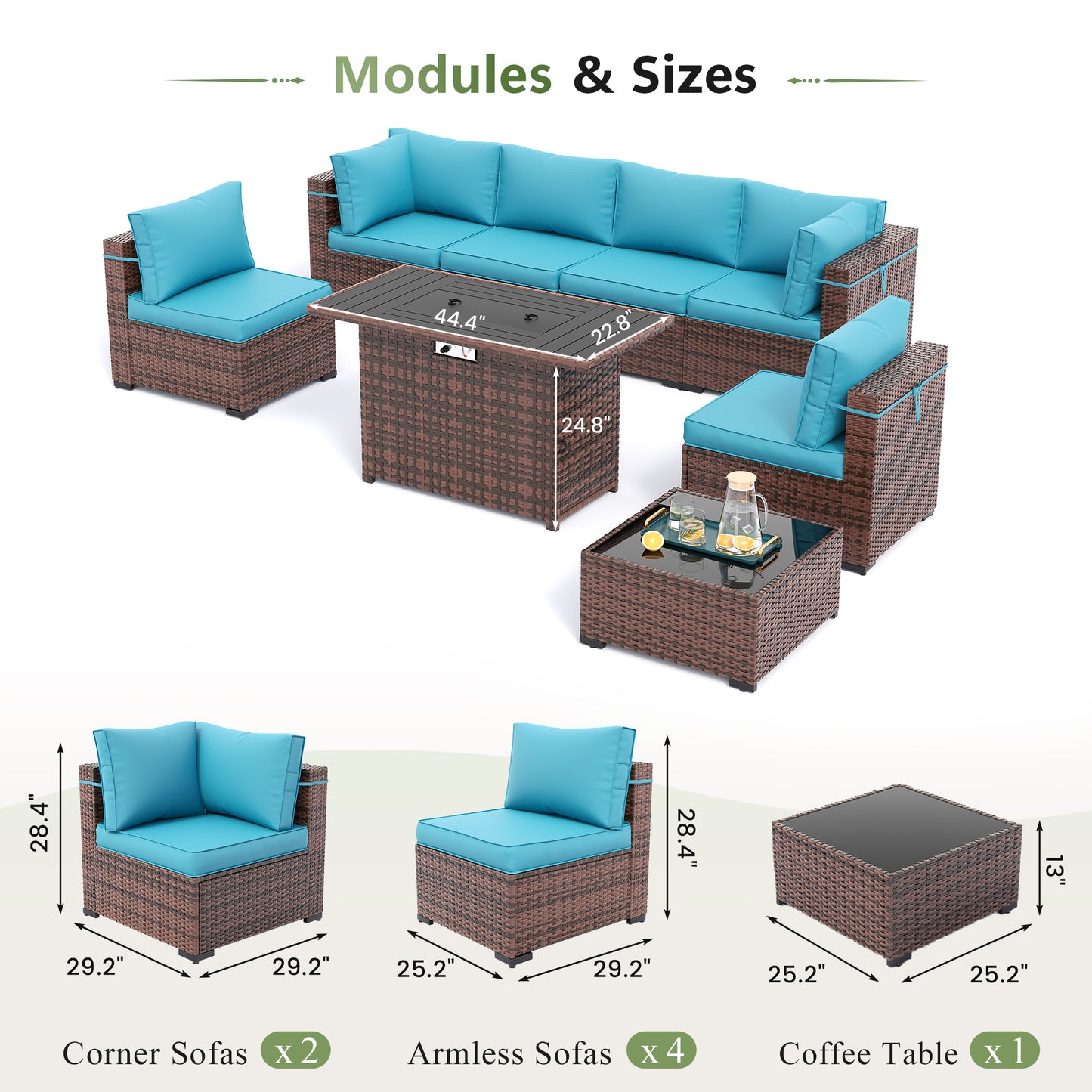 Amopatio 8 Pieces Patio Furniture Set with Fire Pit Table, Outdoor Sectional Conversation Sofa with Waterproof Cover, All-Weather Wicker for Garden, Backyard, Porch, Balcony(Sky Blue)