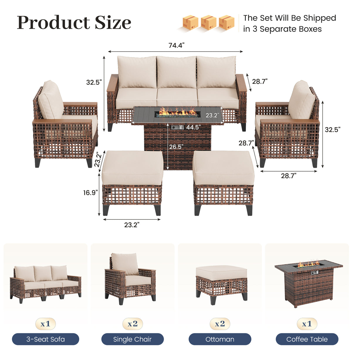 Amopatio Patio Furniture Set with Fire Pit Table, Wicker Conversation Set, Khaki