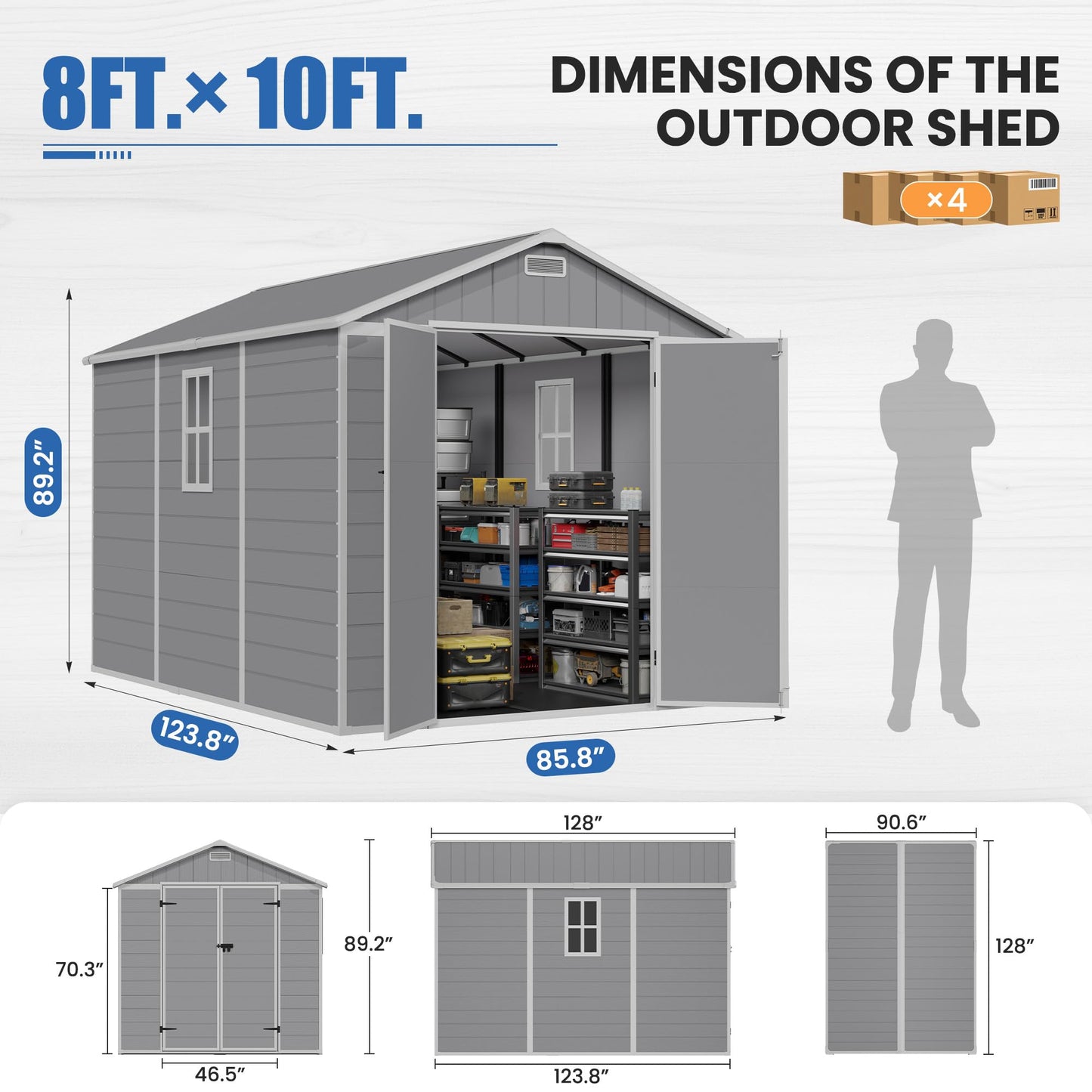 Amopatio 8X10 FT Outdoor Storage Shed,Resin Shed with Floor Included, Plastic Sheds for Bike, Garden Tools, Sheds & Outdoor Storage with Lockable Door, Window & Vents, Grey & White